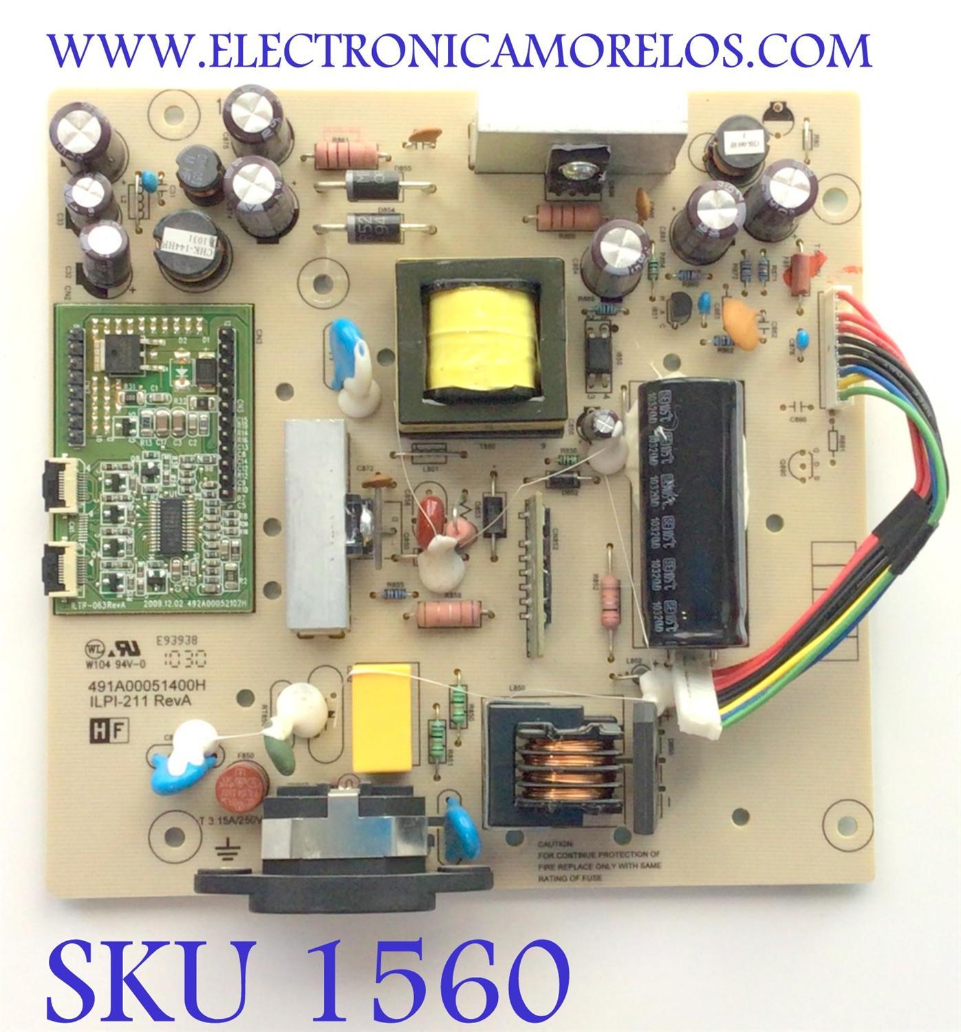 FUENTE PARA MONITOR HP / NUMERO DE PARTE 792951400600H / 491A00051400H / ILPI-211